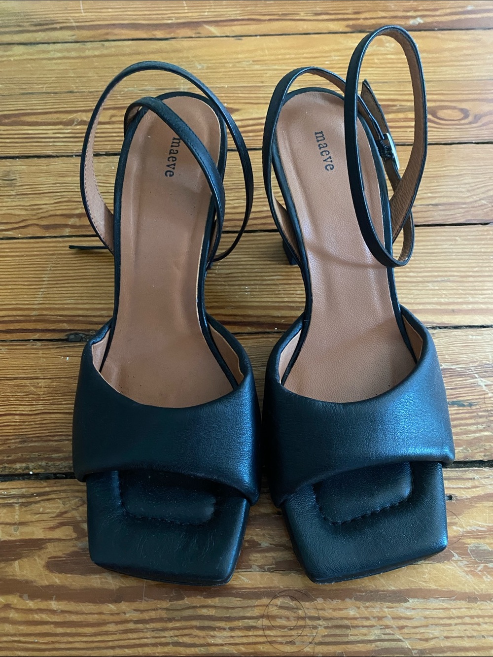 Maeve Black Square-Toe Ankle-Strap Heels